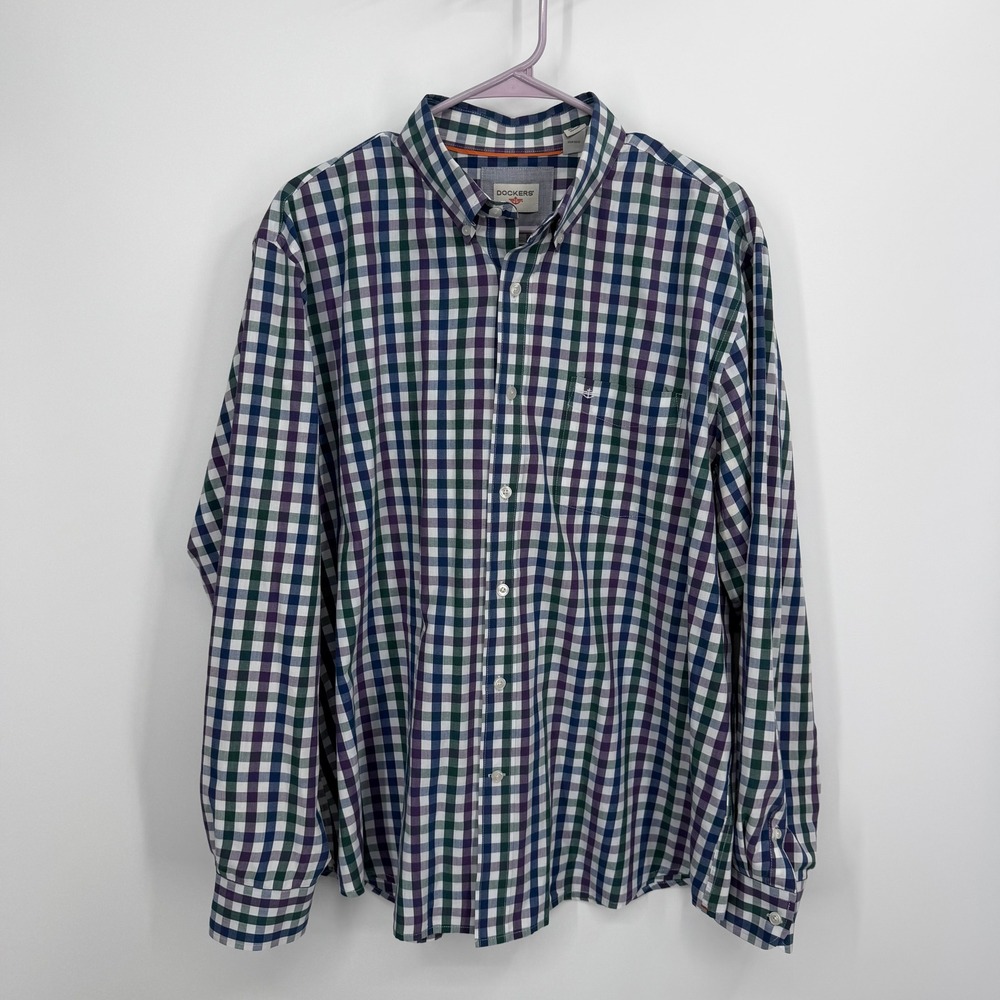 Dockers Button Down Shirt Womens XL Green Purple Gingham Plaid Long Sleeve